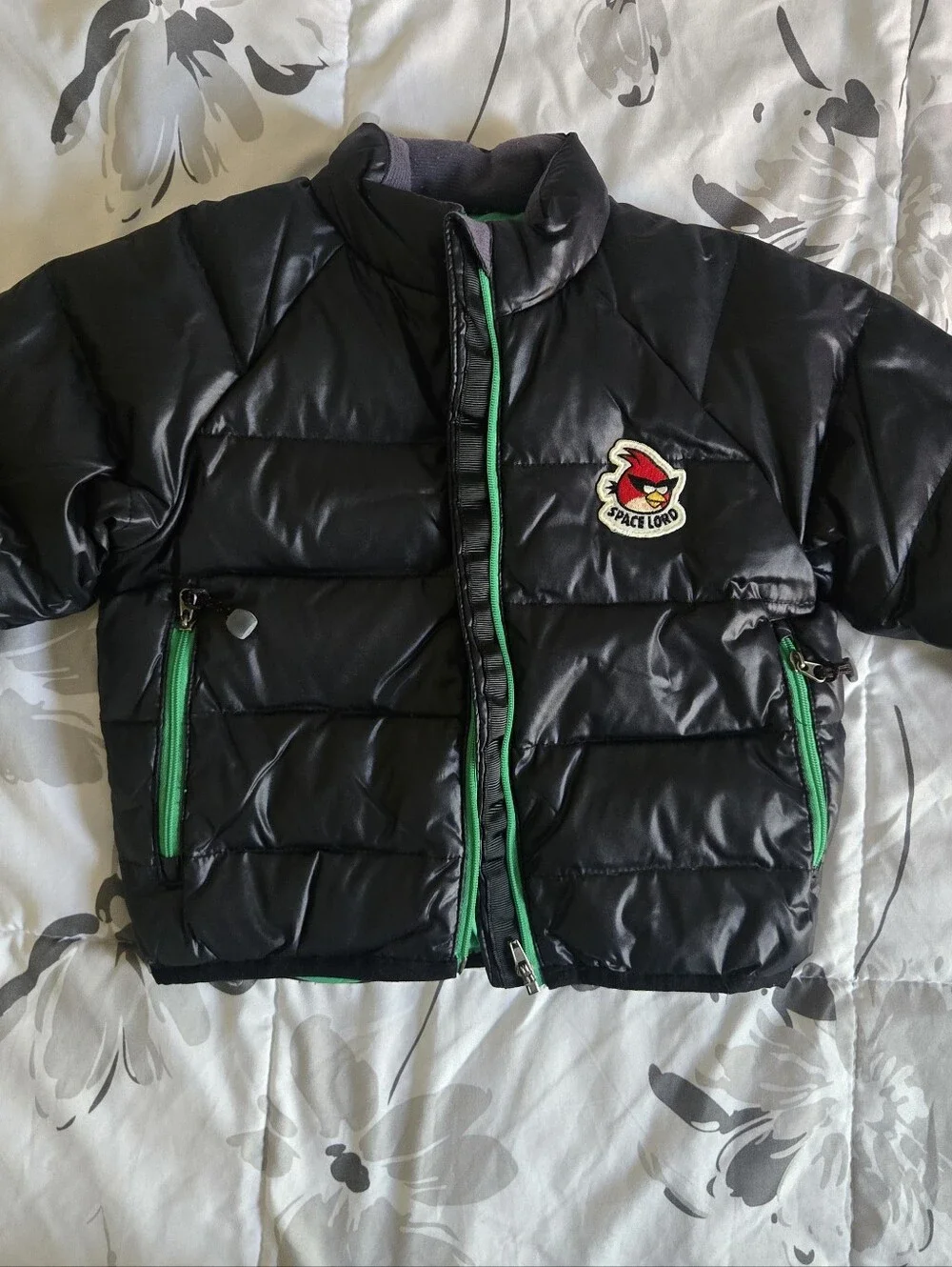 Kids Black Puffer Jacket with Green Trim